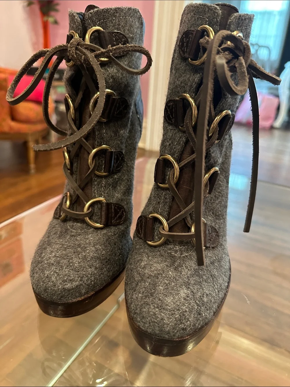 Tory Burch Lawson Dark Brown Leather & Gray Wool Lace-Up Stiletto Ankle Boots